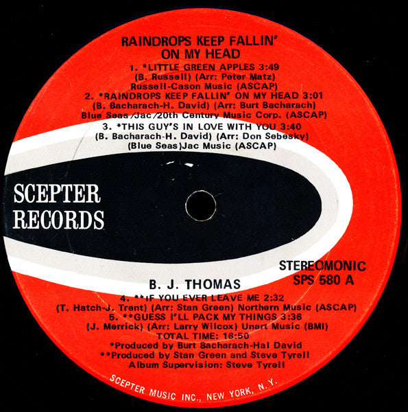 B.J. Thomas : Raindrops Keep Fallin' On My Head (LP,Album,Repress)