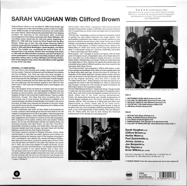 Sarah Vaughan : Sarah Vaughan With Clifford Brown (LP,Album,Limited Edition,Reissue,Remastered)