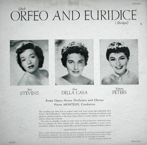 Christoph Willibald Gluck - Risë Stevens, Lisa Della Casa, Roberta Peters, Pierre Monteux, Orchestra Del Teatro Dell'Opera Di Roma And Coro Del Teatro Dell'Opera Di Roma : Orfeo And Euridice (Abridged) (LP,Album,Stereo)