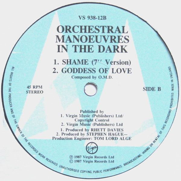 Orchestral Manoeuvres In The Dark : Shame (12" Extended Version) (12",45 RPM,Single,Stereo)