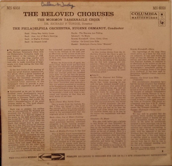 Mormon Tabernacle Choir, Richard P. Condie - Philadelphia Orchestra, The, Eugene Ormandy : The Beloved Choruses (LP,Album,Stereo)