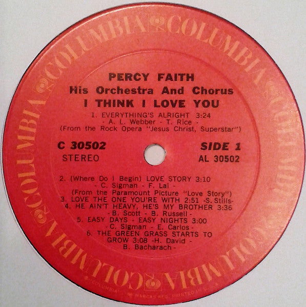 Percy Faith And His Orchestra And Chorus : I Think I Love You (LP,Stereo)
