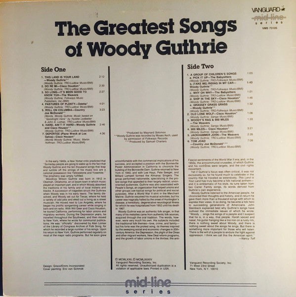 Various : The Greatest Songs Of Woody Guthrie (LP,Compilation,Reissue)