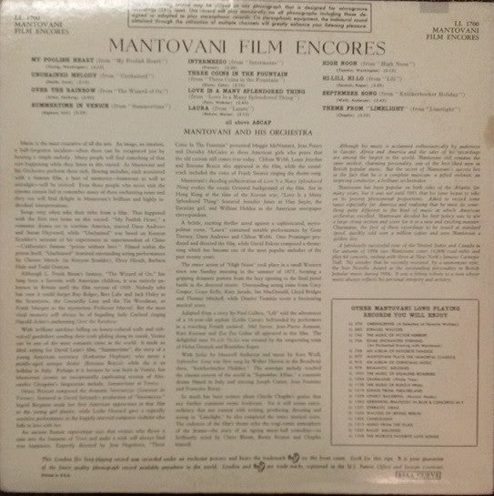 Mantovani And His Orchestra : Mantovani Film Encores (LP,Album,Mono)