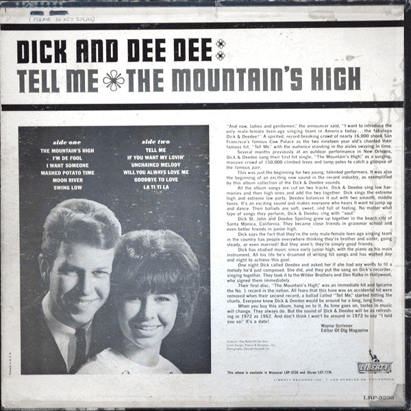 Dick And Dee Dee : Tell Me - The Mountain's High (LP,Album,Mono)