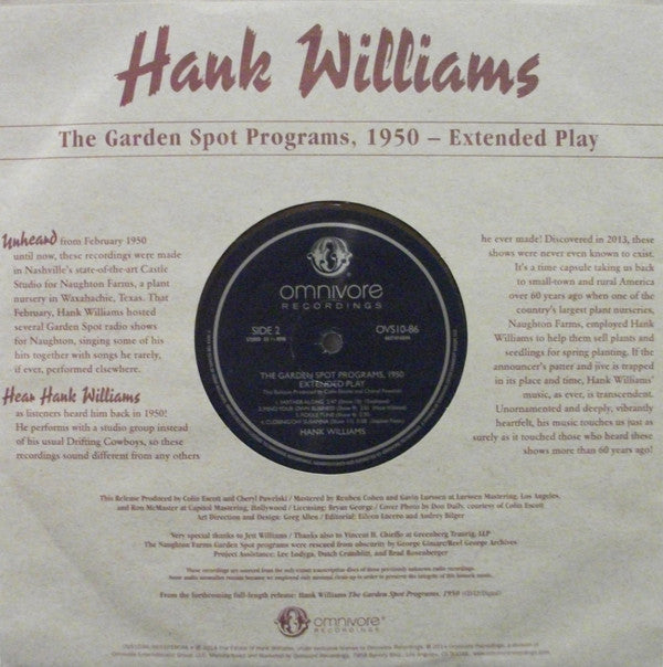 Hank Williams : The Garden Spot Programs, 1950 - Extended Play (10",33 ⅓ RPM,EP,Record Store Day,Compilation,Limited Edition)
