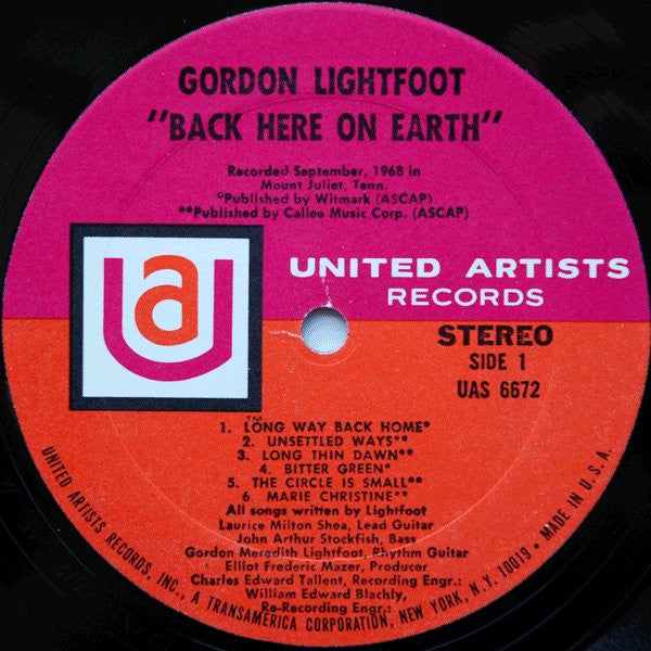Gordon Lightfoot : Back Here On Earth (LP,Album,Stereo)