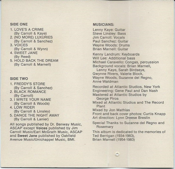 Jim Carroll Band, The : I Write Your Name (Album)