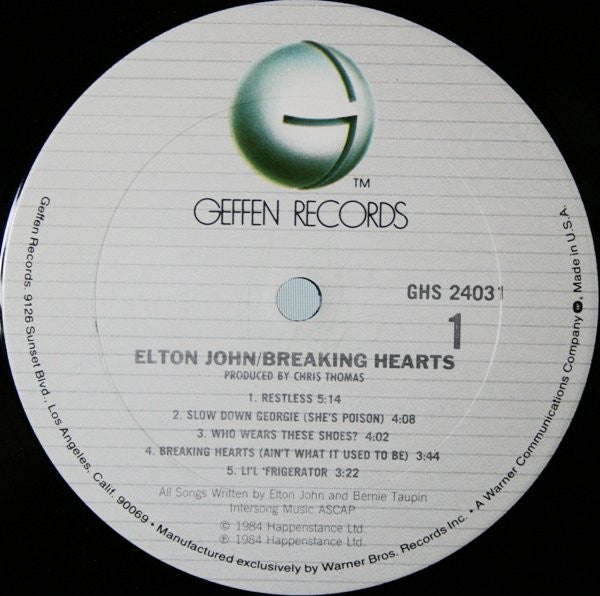 Elton John : Breaking Hearts (LP,Album,Club Edition,Stereo)