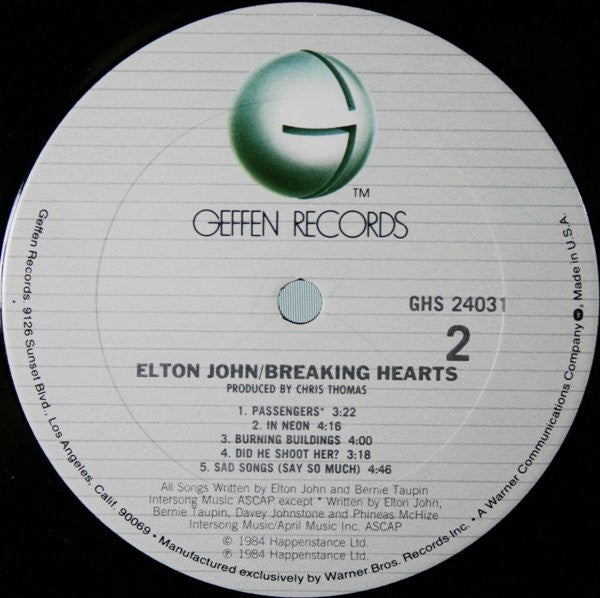 Elton John : Breaking Hearts (LP,Album,Club Edition,Stereo)