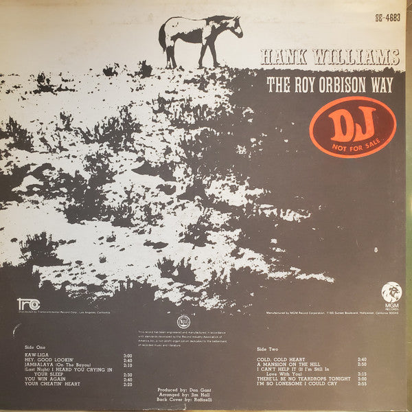 Roy Orbison : Hank Williams The Roy Orbison Way (LP,Album,Promo)