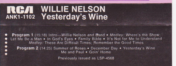 Willie Nelson : Yesterday's Wine (Album)