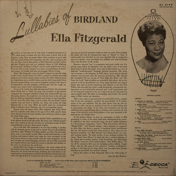 Ella Fitzgerald : Lullabies Of Birdland (LP,Album,Compilation,Styrene,Mono)