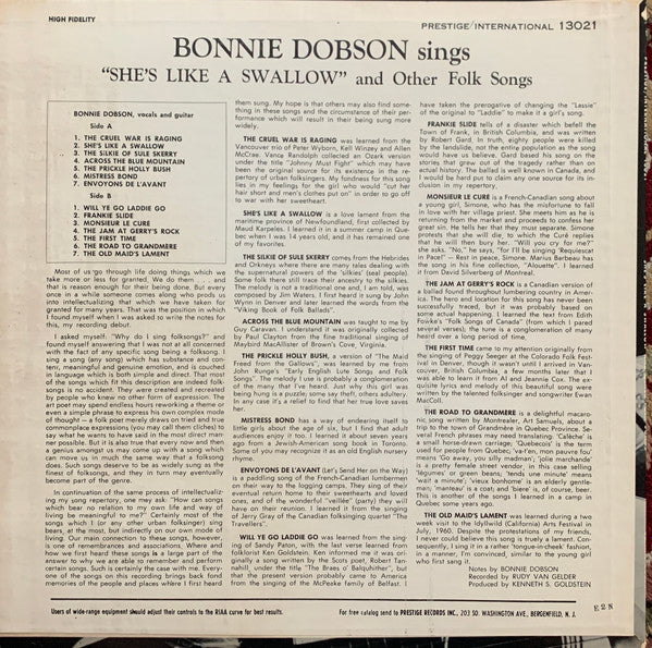 Bonnie Dobson : She's Like A Swallow And Other Folk Songs (LP,Album,Mono)