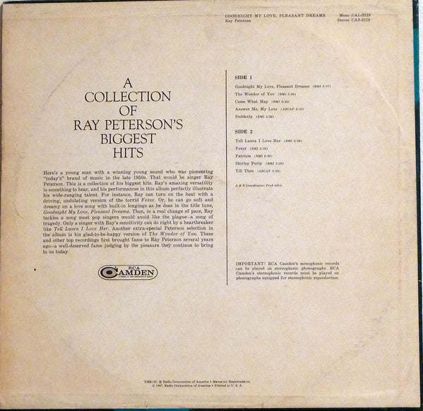 Ray Peterson : Goodnight My Love, Pleasant Dreams (LP,Compilation,Stereo)