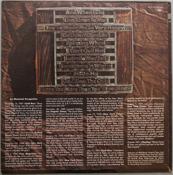 Blood, Sweat And Tears : Blood, Sweat & Tears Greatest Hits (LP,Compilation,Stereo)