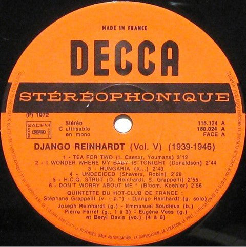 Django Reinhardt Et Le Quintette Du Hot Club De France Avec Stéphane Grappelli : 1939-1946 Vol. 5 (LP,Compilation,Stereo)