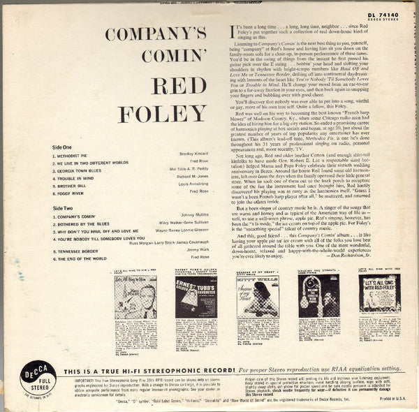 Red Foley : Company's Comin' (LP,Album,Stereo)