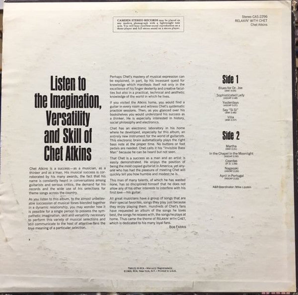 Chet Atkins : Relaxin' With Chet (LP,Album,Stereo)