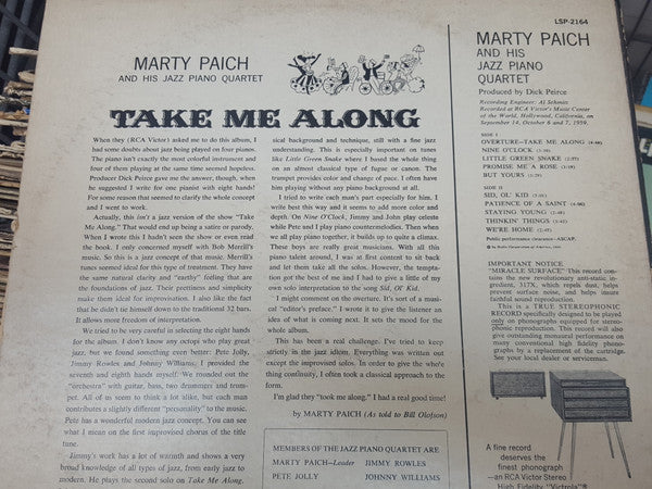 Marty Paich And His Jazz Piano Quartet : Take Me Along  (LP,Stereo)