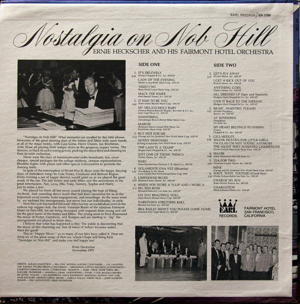 Ernie Heckscher And His Fairmont Orchestra : Nostalgia On Nob Hill (LP,Album)