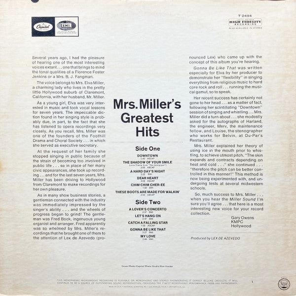 Mrs. Elva Miller : Mrs. Miller's Greatest Hits (LP,Mono,Album)
