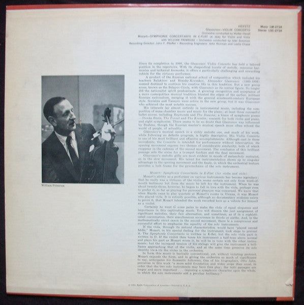 Alexander Glazunov, Wolfgang Amadeus Mozart, Jascha Heifetz, Walter Hendl, William Primrose, Izler Solomon : Violin Concerto / Symphonie Concertante In E-Flat (K. 364) For Violin And Viola  (LP,Stereo)