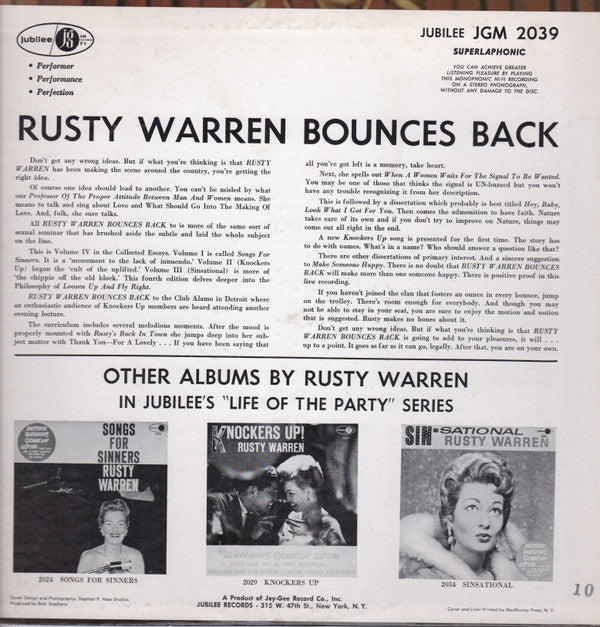 Rusty Warren : Rusty Warren Bounces Back (LP,Album,Mono)
