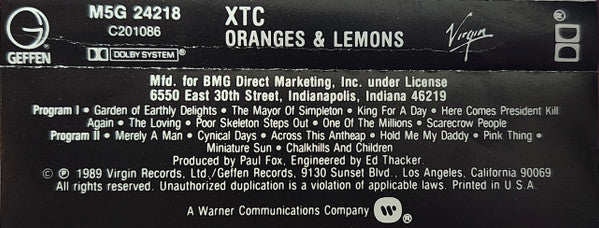 XTC : Oranges & Lemons (Album,Club Edition)